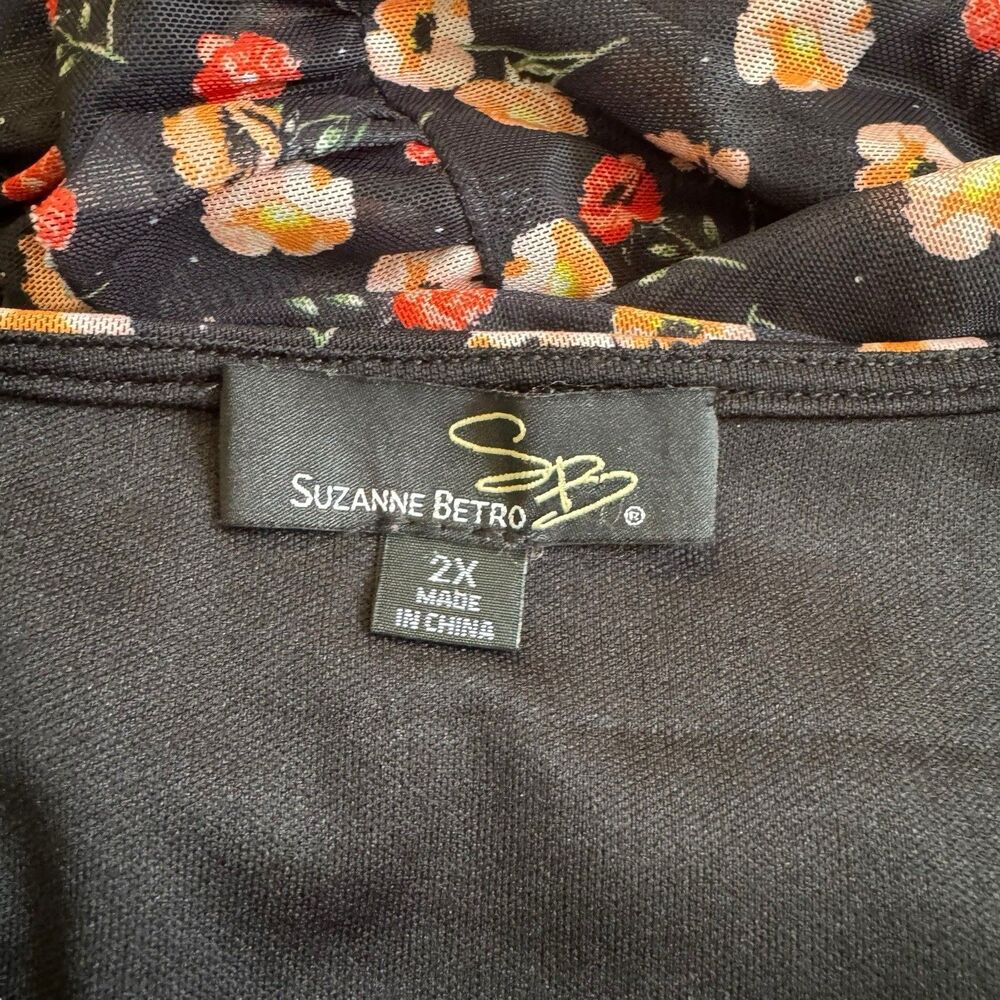 Suzanne Betro Midi Dress 2XL Black Floral Flowers‎ 3/4 Balloon Sleeve Plus - Picture 8 of 8